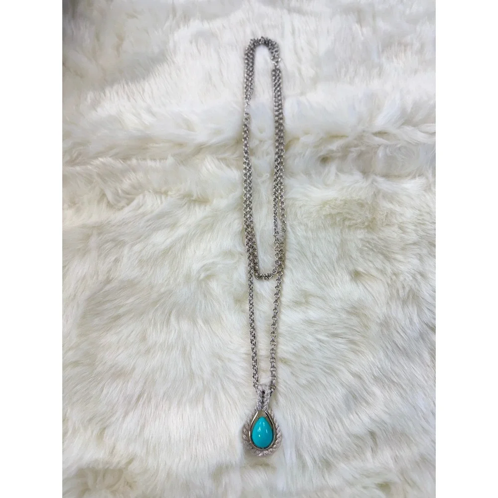 AVON Silver Tone Teardrop Turquoise Pendant‎ Necklace Chain Layered vtg